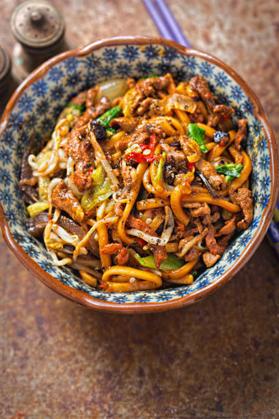 Shanghai beef noodles with mushrooms and vegetables