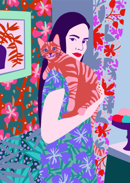 ilustraciones, imágenes clip art, dibujos animados e iconos de stock de joven sosteniendo un gato en un interior decorado brillante. - mujer gato