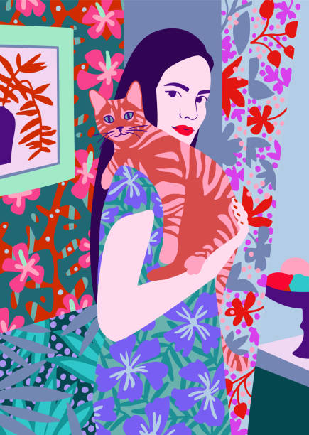 Young woman holding a cat in bright decorated interior. Adorable young woman holding a cat in bright decorated interior. Portrait of pet owner. Flat vector illustration. portrait designs stock illustrations