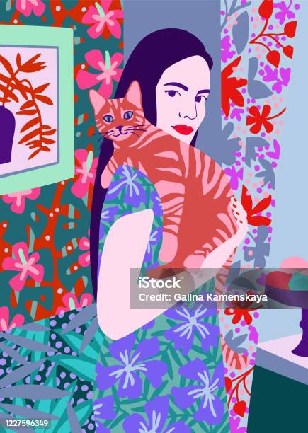 Young Woman Holding A Cat In Bright Decorated Interior Stock Illustration - Download Image Now