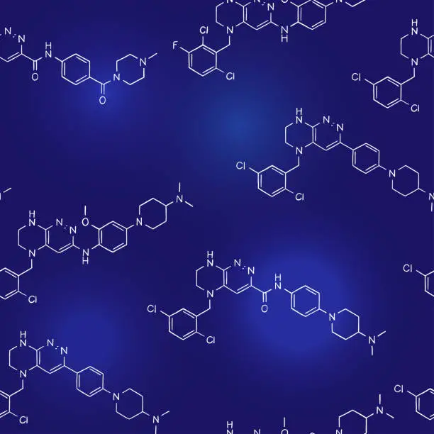Vector illustration of Seamless pattern on the theme of science and chemistry. Structural formulas of substances on a dark blue background.