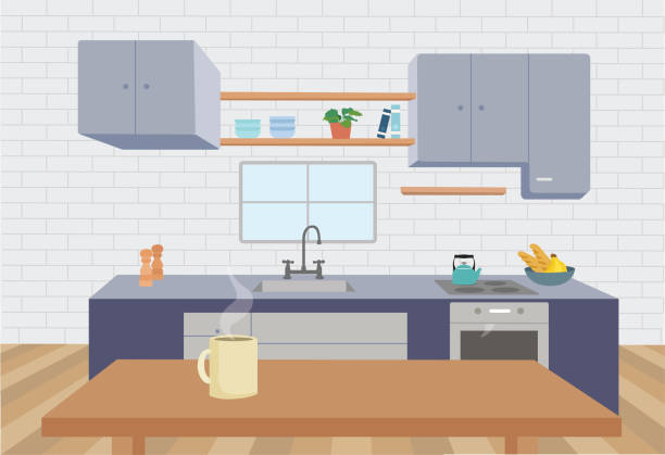Illustration of a beautiful kitchen at home Illustration of a beautiful kitchen at home with a cup of tea on the foreground focus on foreground illustrations stock illustrations
