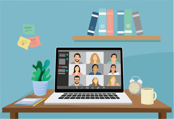 Illustration of a group of people in a video conference Illustration of a laptop screen showing a group of people in a video conference â quarantine lifestyle working at home illustrations stock illustrations