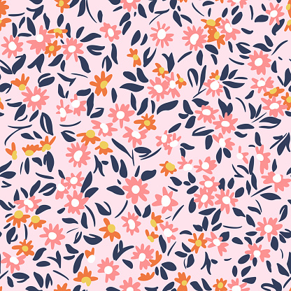 Summer nature motif. Daisy seamless pattern. Twigs, petals and leaf. Meadow flowers background. Trendy flat design made of botanical ornament. Good for fashion, textile and fabric.