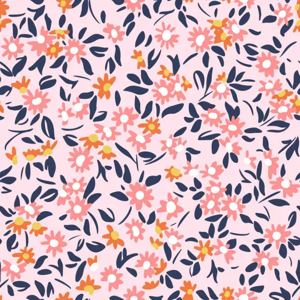 Vector illustration of Summer nature motif. Daisy seamless pattern. Twigs, petals and leaf. Meadow flowers background. Trendy flat design made of botanical ornament. Good for fashion, textile and fabric.