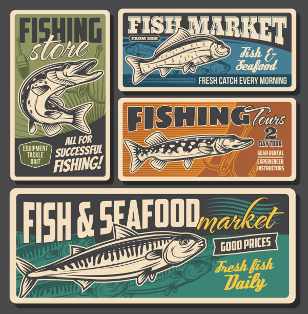 Fishing equipment store, seafood and fish market Fish and seafood market, fishing equipment and lures store. Fisher club tours, rods and tackles rental for river pike, ocean mackerel and carp. Vector vintage retro posters catch of fish stock illustrations