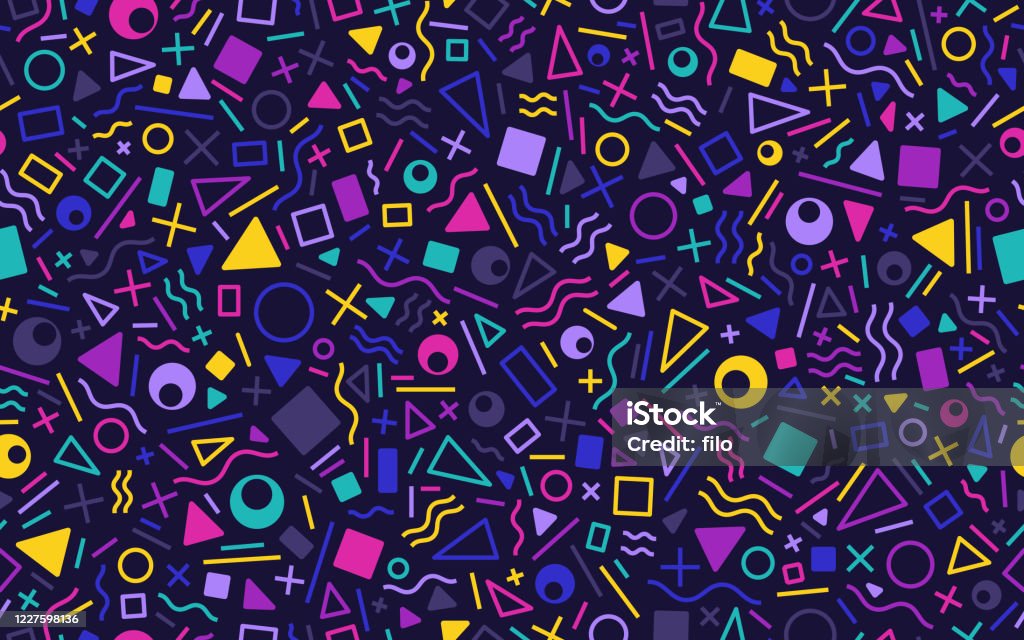 Seamless Retro Abstract Shapes Background Retro seamless shapes and lines abstract pattern background. Repeats side to side and top to bottom. 1990-1999 stock vector