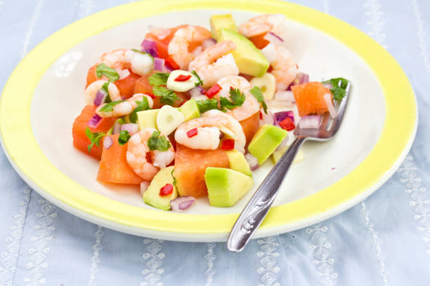 istock Watermelon, avocado, prawns and cilantro salad 1227598989
