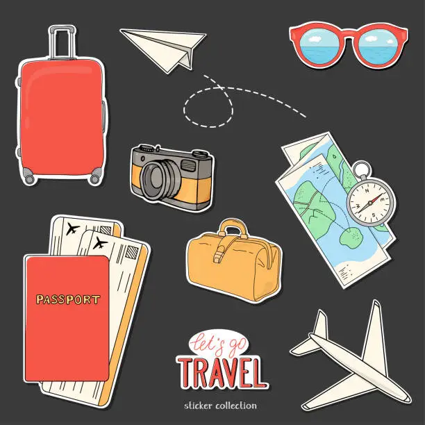 Vector illustration of Collection of stickers on the theme of travel, recreation and adventure. Hand-drawn.