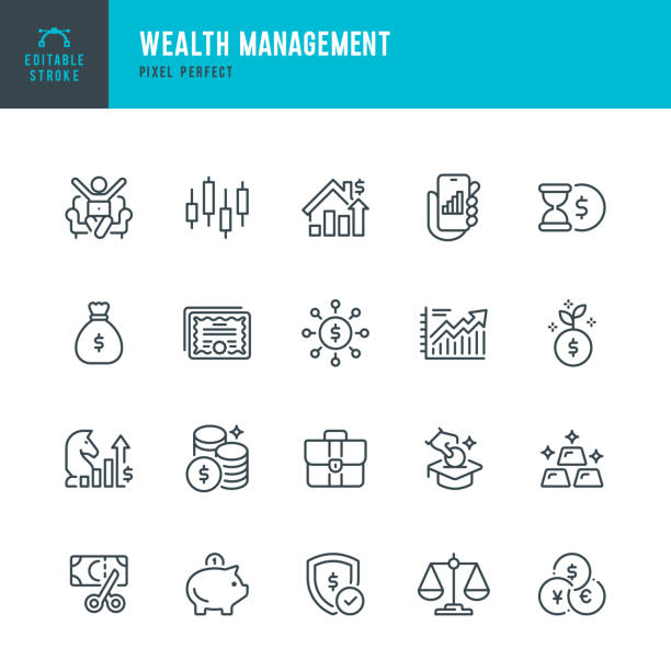 wealth management - zestaw ikon wektorowych cienkich linii. piksel idealny. zestaw zawiera ikony: dane giełdowe, złoto, strategia biznesowa, skarbonka, inwestycje, gospodarka, podatek. - stock certificate finance business wealth stock illustrations