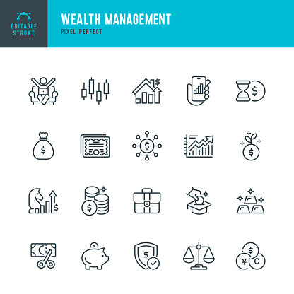 Wealth Management - thin line vector icon set. 20 linear icon. Pixel perfect. Editable outline stroke. The set contains icons: Stock Market Data, Stock Certificate, Business Strategy, Piggy Bank, Investment, Economy, Tax, Gold.