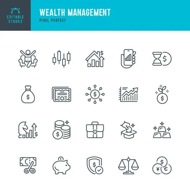 Vector illustration of Wealth Management - thin line vector icon set. Pixel perfect. The set contains icons: Stock Market Data, Gold, Business Strategy, Piggy Bank, Investment, Economy, Tax.