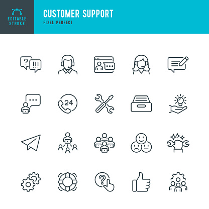 Customer Support - thin line vector icon set. 20 linear icon. Pixel perfect. Editable outline stroke. The set contains icons: Contact Us, Life Belt, IT Support, Support, 24 Hrs Telephone, Text Messaging, Team.