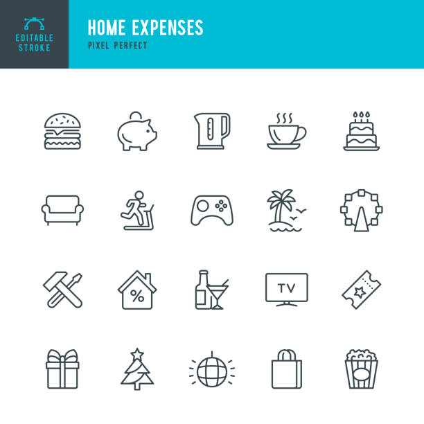 Home Expenses - thin line vector icon set. Pixel perfect. The set contains icons: Home Finances, Mortgage, Piggy Bank, Repairing, Shopping Bag, Amusement Park, Birthday Cake, Furniture, Vacations. Home Expenses - thin line vector icon set. 20 linear icon. Pixel perfect. Editable outline stroke. The set contains icons: Home Finances, Budget, Mortgage, Piggy Bank, Repairing, Shopping Bag, Amusement Park, Birthday Cake, Furniture, Vacations, Popcorn. buying liquor stock illustrations