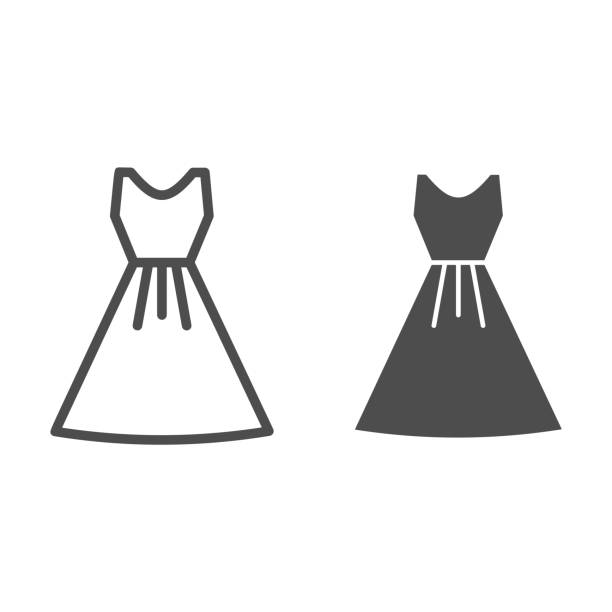 garis gaun dan ikon padat, konsep musim panas, tanda pakaian wanita mode klasik di latar belakang putih, ikon gaun wanita dalam gaya garis besar untuk konsep seluler dan desain web. grafik vektor. - gaun ilustrasi stok
