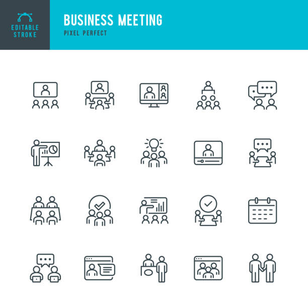 비즈니스 모임 - 가는 선 벡터 아이콘 세트입니다. 픽셀 완벽. 이 세트에는 비즈니스 미팅, 웹 컨퍼런스, 팀워크, 프레젠테이션, 발표자, 먼 작업 이라는 아이콘이 포함되어 있습니다. - business meeting stock illustrations