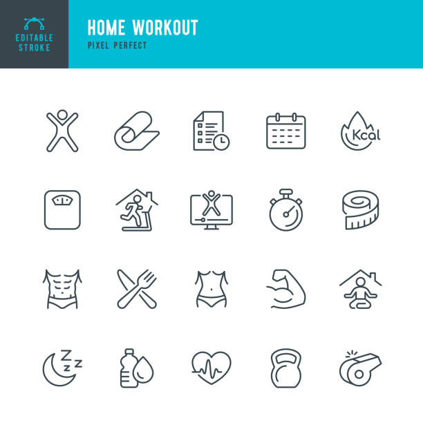 home workout - dünnlinien-vektor-symbol-set. pixel perfekt. das set enthält symbole: laufen, krafttraining, yoga, laufband, training. - fitnessstudio geräte stock-grafiken, -clipart, -cartoons und -symbole