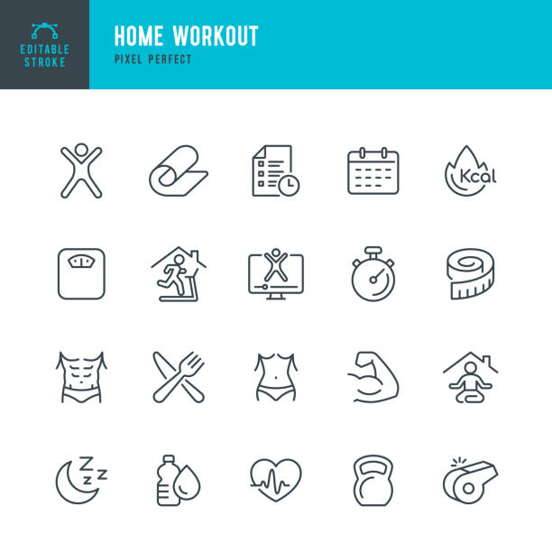 HOME WORKOUT - thin line vector icon set. Pixel perfect. The set contains icons: Running, Weight Training, Yoga, Treadmill, Exercising. HOME WORKOUT - thin line vector icon set. 20 linear icon. Pixel perfect. Editable outline stroke. The set contains icons: Running, Weight Training, Yoga, Treadmill, Exercising, Weightlifting, Online Training. weight loss stock illustrations