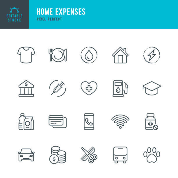 Home Expenses - thin line vector icon set. Pixel perfect. The set contains icons: Home Finances, Budget, Credit Card, Medicine, Electricity, Clothing, Hairdresser, Internet. Home Expenses - thin line vector icon set. 20 linear icon. Pixel perfect. Editable outline stroke. The set contains icons: Home Finances, Budget, Credit Card, Expense, Medicine, Pill, Electricity, Clothing, Hairdresser, Internet. food icons stock illustrations