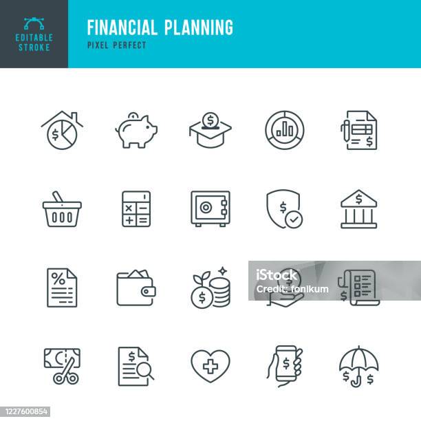 Financial Planning Thin Line Vector Icon Set Pixel Perfect The Set Contains Icons Financial Planning Piggy Bank Savings Economy Insurance Home Finances - Arte vetorial de stock e mais imagens de Símbolo de ícone