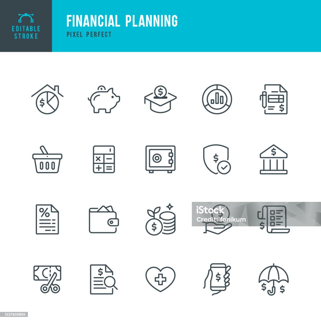 Finansal Planlama - ince çizgi vektör simgesi kümesi. Piksel mükemmel. Set simgeler içerir: Finansal Planlama, Piggy Bank, Tasarruf, Ekonomi, Sigorta, Ev Finans. - Royalty-free Simge Vector Art