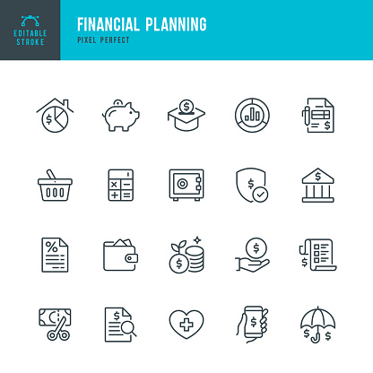 Financial Planning - thin line vector icon set. 20 linear icon. Pixel perfect. Editable outline stroke. The set contains icons: Financial Planning, Piggy Bank, Savings, Economy, Insurance, Bank Deposit Slip, Home Finances.