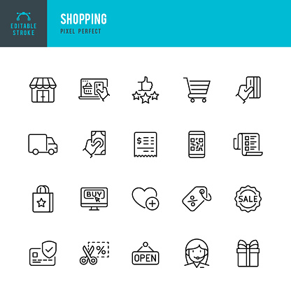 SHOPPING - thin line vector icon set. 20 linear icon. Pixel perfect. Editable outline stroke. The set contains icons: Credit Card Purchase, Shopping Cart, Delivery Van, Coupon, Price Tag, Gift, Support, Open Sign.
