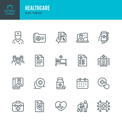 HEALTHCARE - thin line vector icon set. 20 linear icon. Pixel perfect. Editable outline stroke. The set contains icons: Telemedicine, Doctor, Senior Adult Assistance, Prescription, Pill Bottle, First Aid, Medical Exam, Medical Insurance.