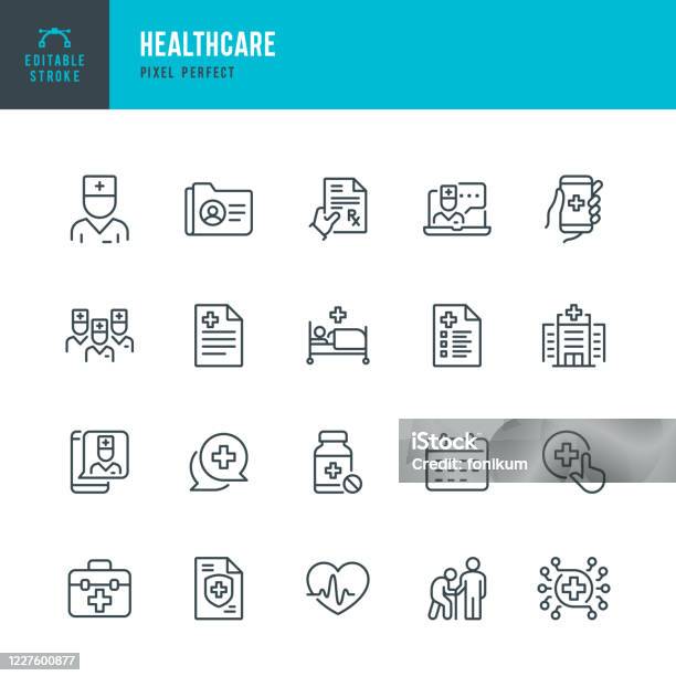 Healthcare Thin Line Vector Icon Set Pixel Perfect The Set Contains Icons Telemedicine Doctor Senior Adult Assistance Pill Bottle First Aid Medical Exam Medical Insurance Stock Illustration - Download Image Now