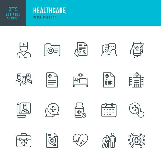 Vector illustration of HEALTHCARE - thin line vector icon set. Pixel perfect. The set contains icons: Telemedicine, Doctor, Senior Adult Assistance, Pill Bottle, First Aid, Medical Exam, Medical Insurance.