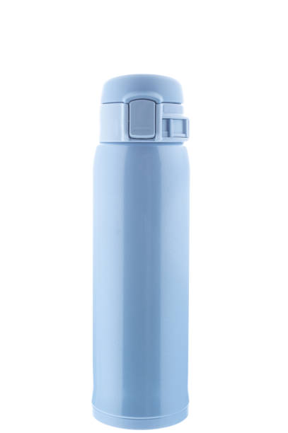 istock Gently blue thermos for drinks. Thermos for city walks. 1227601073