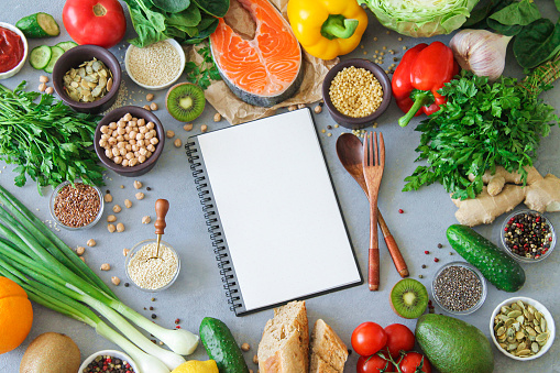 Healthy uncooked food frame background with copy space in blank notepad. Keto diet and meal plan concept