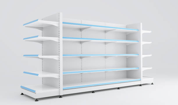 istock Empty store supermarket, food racks. 3d illustration. Blank retail shelf design, render. Store showcase mockup 1227602898