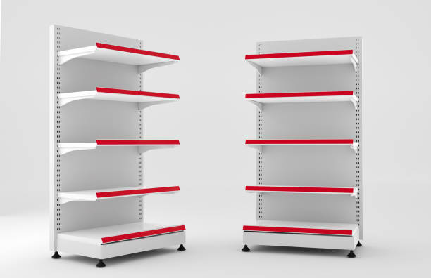 istock Set of white empty supermarket shelves, retail display cases. 3d render. Illustration of objects. Side and front view. Template for design. 1227602981