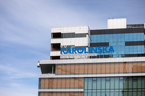 Facade of the main building of the Karolinska University Hospital in Stockholm, Sweden.
