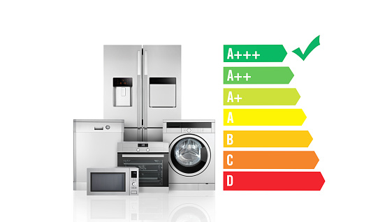 Energy Efficiency Diagram and stainless steel appliances on white background