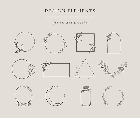 Collection of vector hand drawn design elements, geometric floral frames, borders, wreaths, detailed decorative illustrations. Trendy Line drawing, lineart style