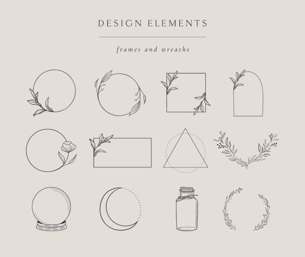 Collection of hand drawn illustrations elements, frames Collection of vector hand drawn design elements, geometric floral frames, borders, wreaths, detailed decorative illustrations. Trendy Line drawing, lineart style circle borders stock illustrations