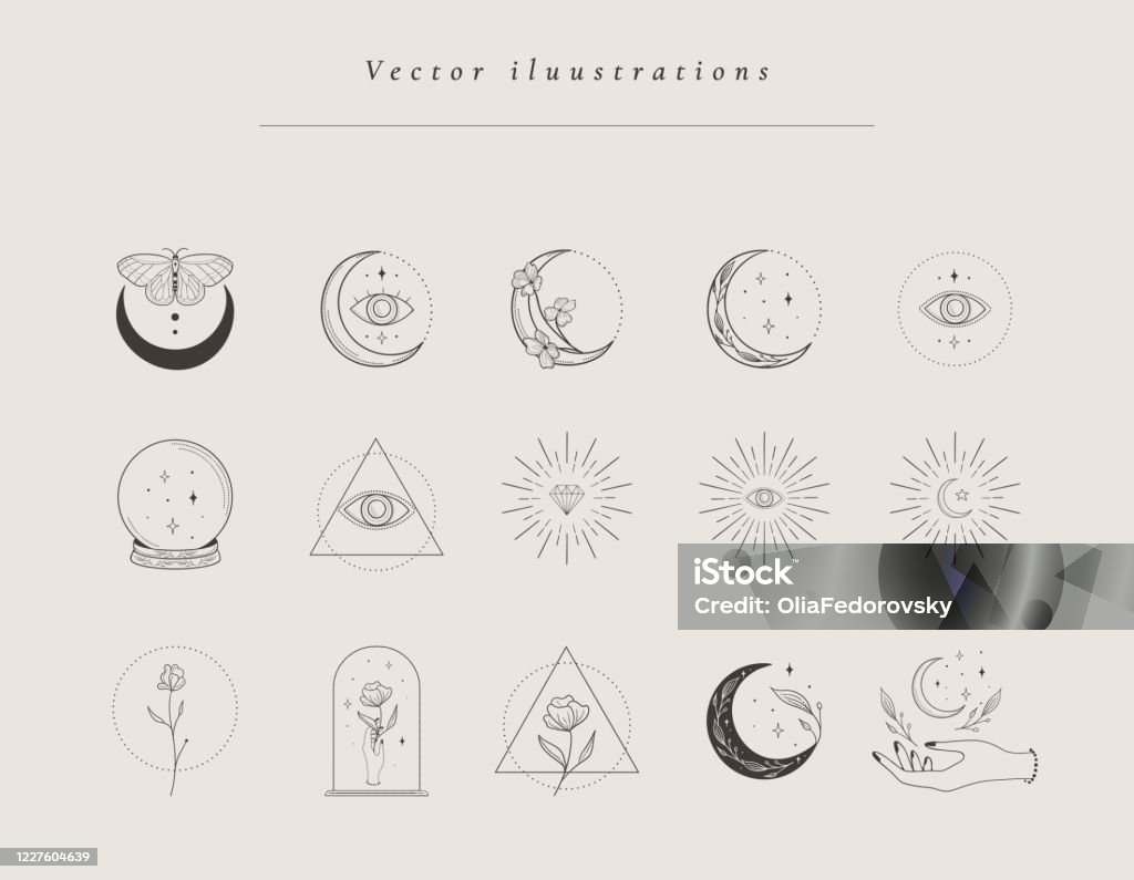 Collection of hand drawn designs, templates Collection of vector hand drawn design templates and elements, frames, detailed decorative illustrations and icons for various ocasions and purposes. Trendy Line drawing, lineart style Moon stock vector