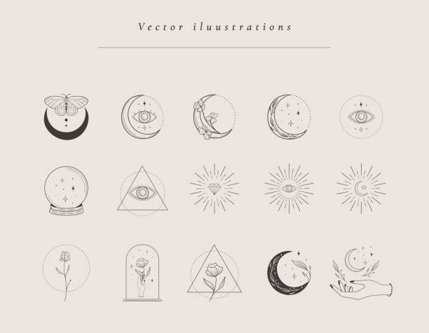 Collection of hand drawn designs, templates Collection of vector hand drawn design templates and elements, frames, detailed decorative illustrations and icons for various ocasions and purposes. Trendy Line drawing, lineart style tattoo symbols stock illustrations