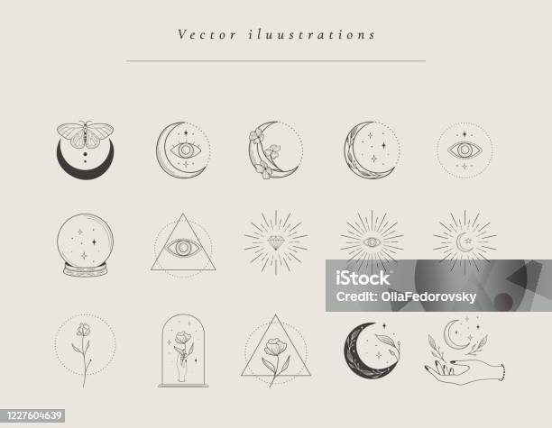 Collection Of Hand Drawn Designs Templates Stock Illustration - Download Image Now - Moon, Spirituality, Outer Space