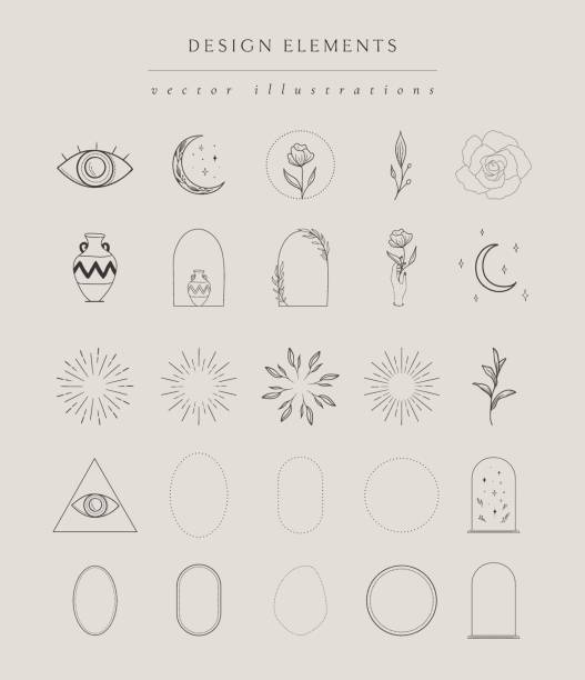 Collection of hand drawn illustrations elements, frames Collection of vector hand drawn design elements, geometric frames, borders, detailed decorative illustrations and icons for various ocasions and purposes. Trendy Line drawing, lineart style moon borders stock illustrations