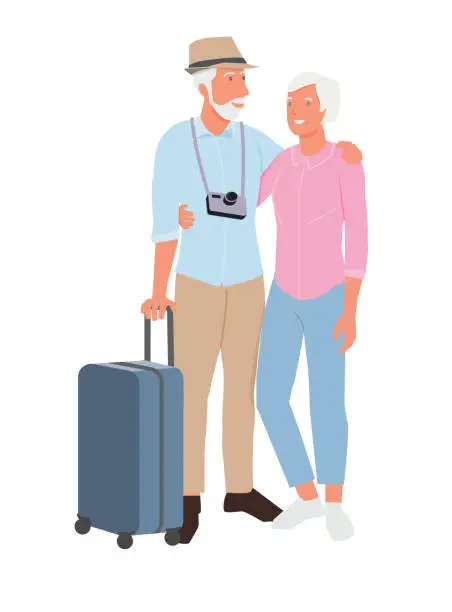 Vector illustration of Senior happy couple enjoying trip, travel tour. Active elderly concept with retired people around the world. Modern flat cartoon style.