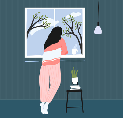 Young woman at home longing at window. Spring landscape outside, blue sky with clouds and trees. Cozy pink pajama. Self isolation concept illustration