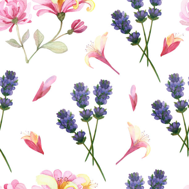 istock Watercolor hand painted nature meadow floral seamless pattern with pink honeysuckle, purple lavender blossom flowers and petals on branches isolated on the white background print 1227609898