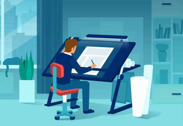 ilustrações, clipart, desenhos animados e ícones de vetor de um homem arquiteto elaborando um novo projeto em seu escritório - drafting men office sketching