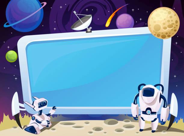 Cartoon space background with empty computer screen in the middle. Vector cosmic illustration for party, greeting card, invitation, certificates etc Cartoon space background with empty computer screen in the middle. Vector cosmic illustration for party, greeting card, invitation, certificates etc astronaut borders stock illustrations