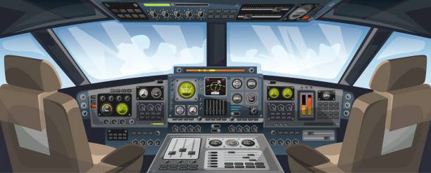 窓ビューにコントロールパネルボタンと空の背景を持つ飛行機のコックピットビュー。飛行機のパイロットは、ゲームのデザインのためのダッシュボードコントロールとパイロットチェアと� - pilot in command点のイラスト素材／クリップアート素材／マンガ素材／アイコン素材