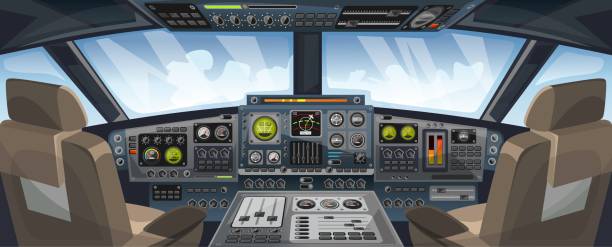 ilustrações de stock, clip art, desenhos animados e ícones de airplane cockpit view with control panel buttons and sky background on window view. airplane pilots cabin with dashboard control and pilots chair for games design. airplane interface for ui, ux, gui design. vector illustration - cockpit dashboard airplane control panel