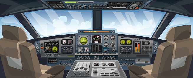 Airplane cockpit view with control panel buttons and sky background on window view. Airplane pilots cabin with dashboard control and pilots chair for games design. Airplane interface for UI, UX, GUI design. Vector illustration
